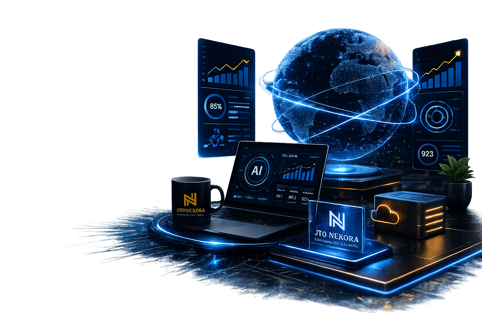 AI-powered digital transformation workspace with holographic analytics and futuristic dashboards