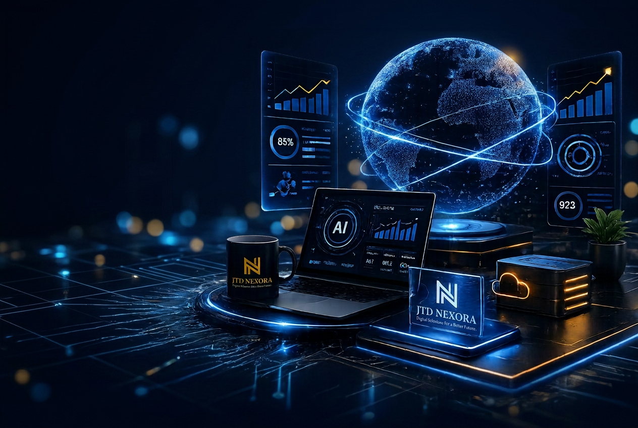 AI-powered digital transformation workspace with holographic analytics and futuristic dashboards